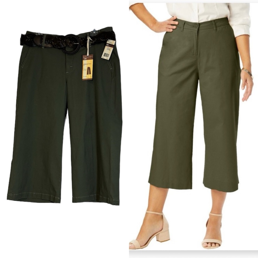 Lee Safari Olive Green Cotton Stretch Duck Cloth Gaucho Pant Belted- Women M